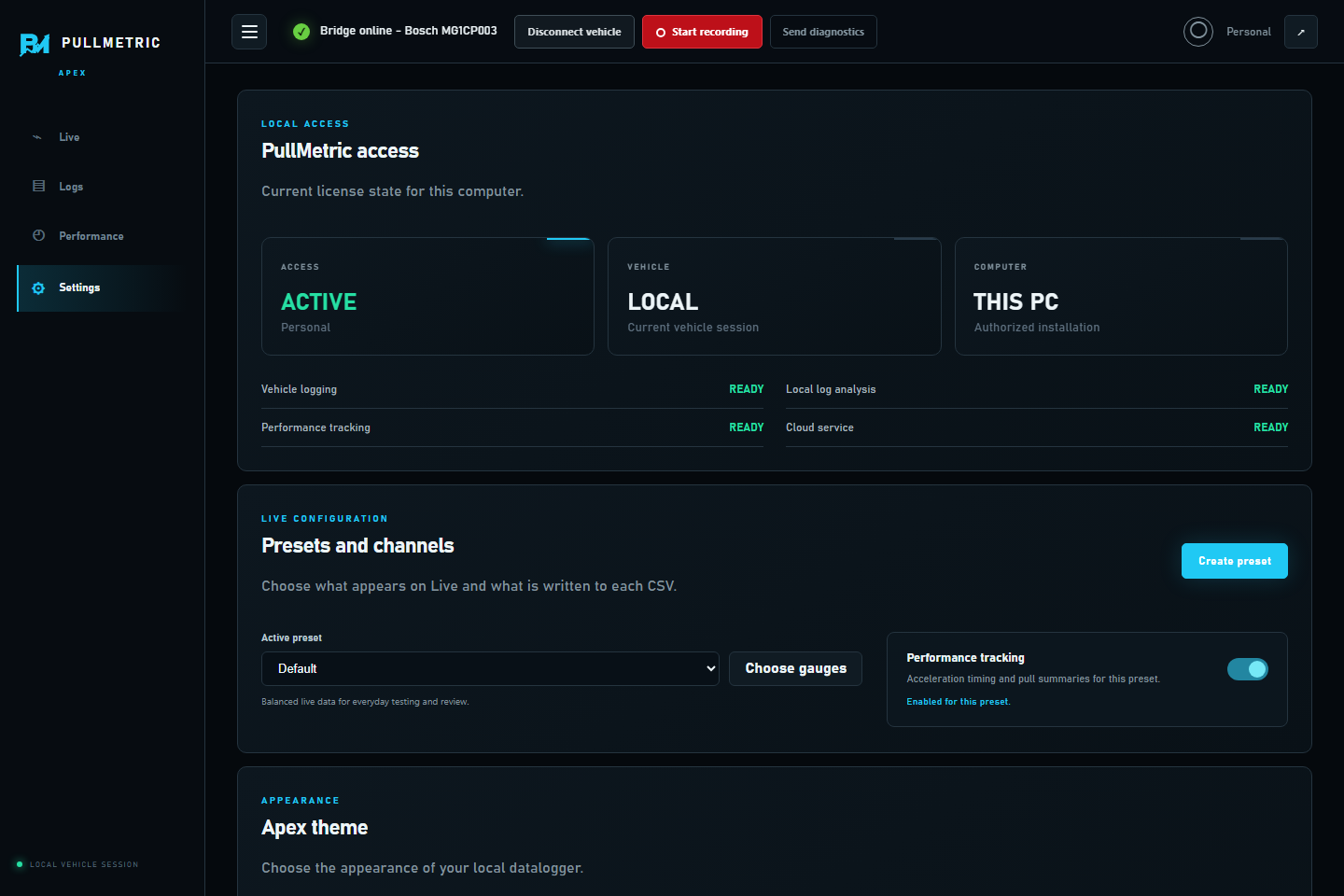 The real PullMetric Settings page showing access, preset, channel, and theme controls